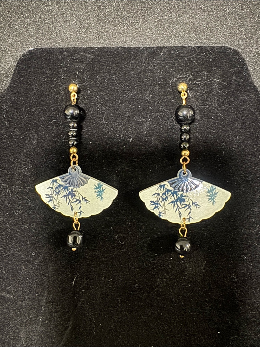 Fan Drop Earrings in Black, blue and White
